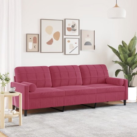 Sofá de 3 plazas con cojines terciopelo rojo tinto 210 cm en Sofás | Comprar online en Foru.es