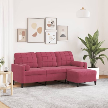 Sofá de 3 plazas con taburete de terciopelo rojo tinto 180 cm en Sofás | Comprar online en Foru.es