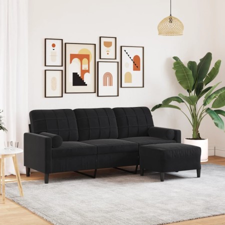 Sofá de 3 plazas con taburete de terciopelo negro 180 cm en Sofás | Comprar online en Foru.es