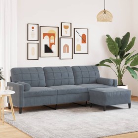 Sofá de 3 plazas con taburete de terciopelo gris oscuro 210 cm en Sofás | Comprar online en Foru.es