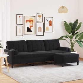 Sofá de 3 plazas con taburete de terciopelo negro 210 cm en Sofás | Comprar online en Foru.es
