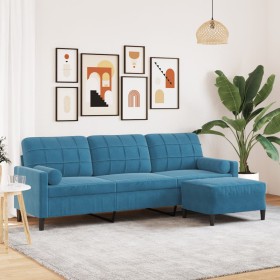Sofá de 3 plazas con taburete de terciopelo azul 210 cm en Sofás | Comprar online en Foru.es