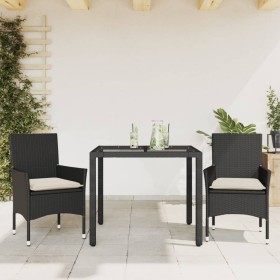Set comedor jardín 3 pzas cojines ratán sintético vidrio negro en Conjuntos de jardín | Comprar online en Foru.es