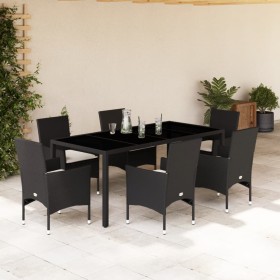 Set comedor jardín 7 pzas cojines ratán sintético vidrio negro en Conjuntos de jardín | Comprar online en Foru.es