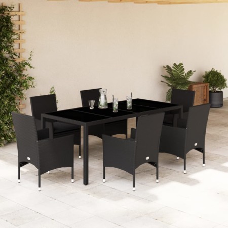Set comedor jardín 7 pzas cojines ratán sintético vidrio negro en Conjuntos de jardín | Comprar online en Foru.es