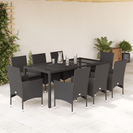 Set comedor jardín 9 pzas cojines ratán sintético vidrio negro en Conjuntos de jardín | Comprar online en Foru.es