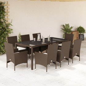 Set comedor jardín 9 pzas cojines ratán sintético vidrio marrón en Conjuntos de jardín | Comprar online en Foru.es