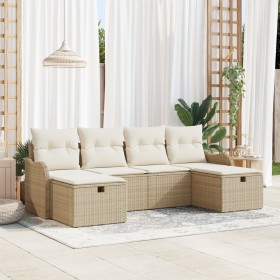 Conjunto de Sofá de Jardín de 6 Piezas con Cojines Beige Poliratán, Sofá de Jardín de 2 Plazas con Cojines Beige Poliratán de...