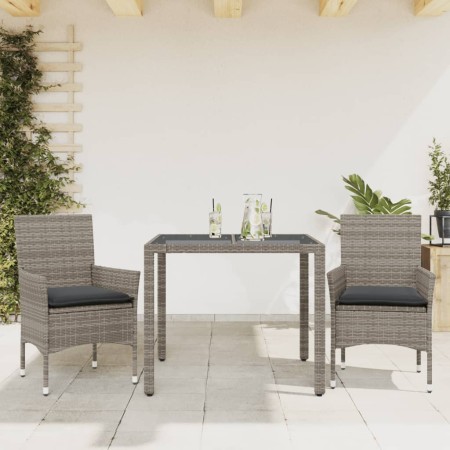 Set comedor jardín 3 pzas y cojines ratán sintético vidrio gris en Conjuntos de jardín | Comprar online en Foru.es