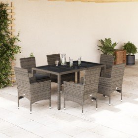 Set comedor jardín 7 pzas y cojines ratán sintético vidrio gris en Conjuntos de jardín | Comprar online en Foru.es