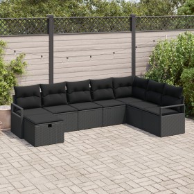 Set de Sofá de Jardín de 8 Piezas con Cojines de Poliratán Negro, Sofá de Jardín de 2 Plazas con Cojines de Poliratán Negro d...