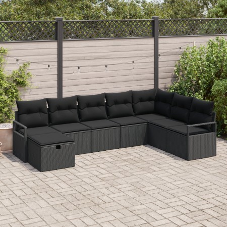 Set de Sofá de Jardín de 8 Piezas con Cojines de Poliratán Negro, Sofá de Jardín de 2 Plazas con Cojines de Poliratán Negro d...
