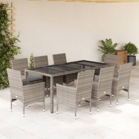 Set comedor jardín 9 pzas y cojines ratán sintético vidrio gris en Conjuntos de jardín | Comprar online en Foru.es