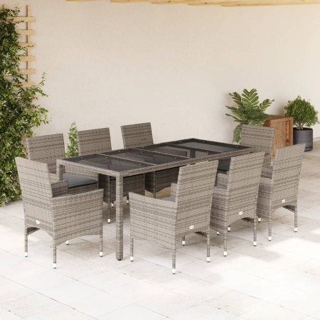 Set comedor jardín 9 pzas y cojines ratán sintético vidrio gris en Conjuntos de jardín | Comprar online en Foru.es