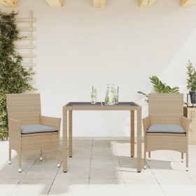 Set comedor jardín 3 pzas cojines ratán sintético vidrio beige en Conjuntos de jardín | Comprar online en Foru.es