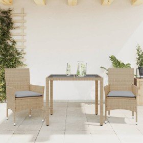Set comedor jardín 3 pzas cojines ratán sintético vidrio beige en Conjuntos de jardín | Comprar online en Foru.es