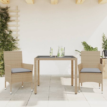 Set comedor jardín 3 pzas cojines ratán sintético vidrio beige en Conjuntos de jardín | Comprar online en Foru.es