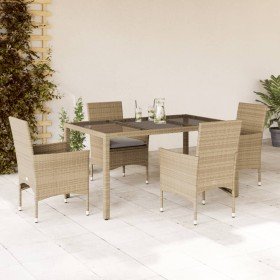 Set comedor jardín 5 pzas cojines ratán sintético vidrio beige en Conjuntos de jardín | Comprar online en Foru.es