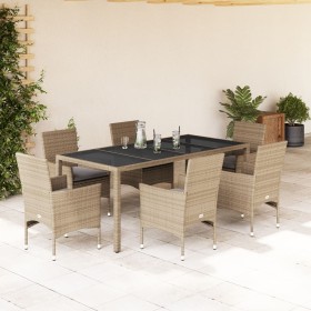 Set comedor jardín 7 pzas cojines ratán sintético vidrio beige en Conjuntos de jardín | Comprar online en Foru.es