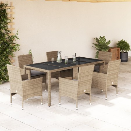 Set comedor jardín 7 pzas cojines ratán sintético vidrio beige en Conjuntos de jardín | Comprar online en Foru.es