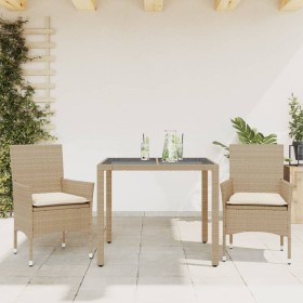 Set comedor jardín 3 pzas cojines ratán sintético vidrio beige en Conjuntos de jardín | Comprar online en Foru.es