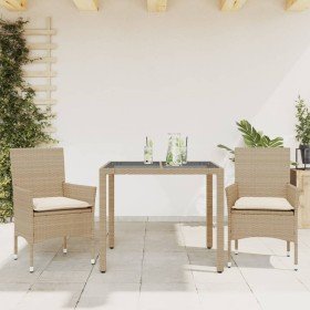 Set comedor jardín 3 pzas cojines ratán sintético vidrio beige en Conjuntos de jardín | Comprar online en Foru.es