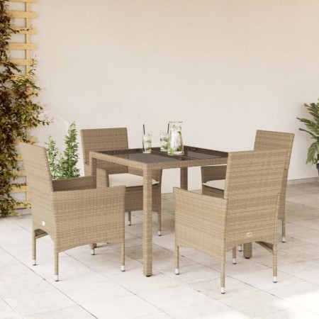 Set comedor jardín 5 pzas cojines ratán sintético vidrio beige en Conjuntos de jardín | Comprar online en Foru.es