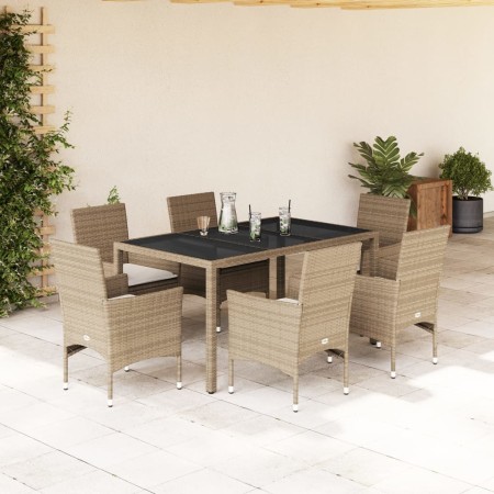 Set comedor jardín 7 pzas cojines ratán sintético vidrio beige en Conjuntos de jardín | Comprar online en Foru.es