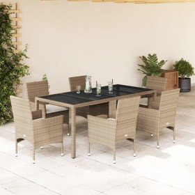 Set comedor jardín 7 pzas cojines ratán sintético vidrio beige en Conjuntos de jardín | Comprar online en Foru.es