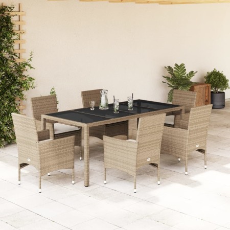 Set comedor jardín 7 pzas cojines ratán sintético vidrio beige en Conjuntos de jardín | Comprar online en Foru.es