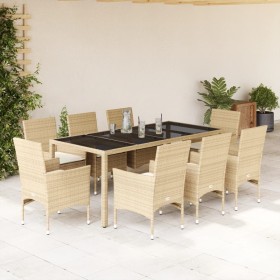 Set comedor jardín 9 pzas cojines ratán sintético vidrio beige en Conjuntos de jardín | Comprar online en Foru.es