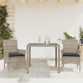 Set comedor jardín 3 pzas y cojines ratán PE vidrio gris claro en Conjuntos de jardín | Comprar online en Foru.es