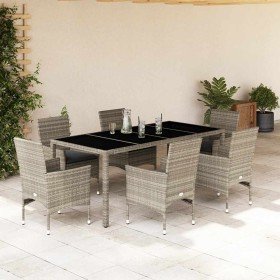 Set de comedor jardín 7 piezas y cojines ratán PE y vidrio gris en Conjuntos de jardín | Comprar online en Foru.es