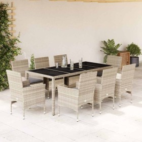 Set de comedor jardín 9 piezas y cojines ratán PE y vidrio gris en Conjuntos de jardín | Comprar online en Foru.es