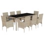 Set de comedor jardín 9 piezas y cojines ratán PE y vidrio gris en Conjuntos de jardín | Comprar online en Foru.es