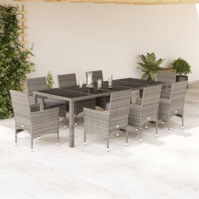 Set comedor jardín 9 pzas y cojines ratán sintético vidrio gris en Conjuntos de jardín | Comprar online en Foru.es