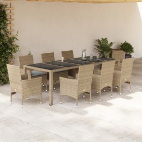 Set comedor jardín 9 pzas cojines ratán sintético vidrio beige en Conjuntos de jardín | Comprar online en Foru.es