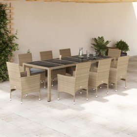 Set comedor jardín 9 pzas cojines ratán sintético vidrio beige en Conjuntos de jardín | Comprar online en Foru.es
