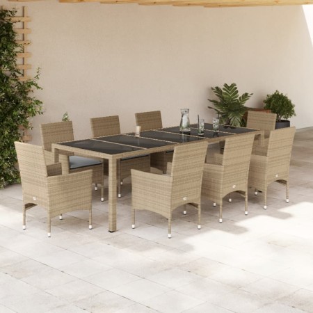 Set comedor jardín 9 pzas cojines ratán sintético vidrio beige en Conjuntos de jardín | Comprar online en Foru.es
