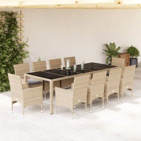 Set comedor jardín 11 pzas cojines ratán sintético vidrio beige en Conjuntos de jardín | Comprar online en Foru.es
