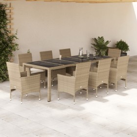 Set comedor jardín 9 pzas cojines ratán sintético vidrio beige en Conjuntos de jardín | Comprar online en Foru.es