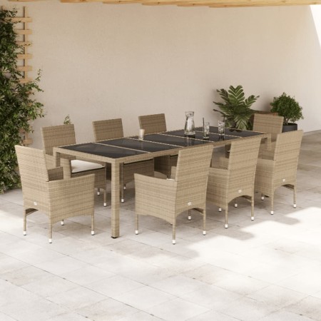 Set comedor jardín 9 pzas cojines ratán sintético vidrio beige en Conjuntos de jardín | Comprar online en Foru.es