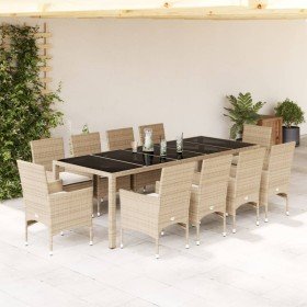 Set comedor jardín 11 pzas cojines ratán sintético vidrio beige en Conjuntos de jardín | Comprar online en Foru.es