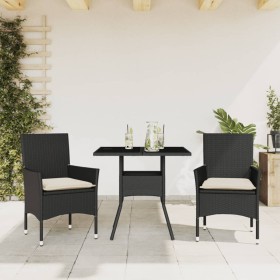 Set comedor jardín 3 pzas cojines ratán sintético vidrio negro en Conjuntos de jardín | Comprar online en Foru.es