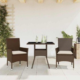 Set comedor jardín 3 pzas cojines ratán sintético vidrio marrón en Conjuntos de jardín | Comprar online en Foru.es