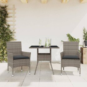 Set comedor jardín 3 pzas y cojines ratán sintético vidrio gris en Conjuntos de jardín | Comprar online en Foru.es