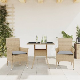 Set comedor jardín 3 pzas cojines ratán sintético vidrio beige en Conjuntos de jardín | Comprar online en Foru.es