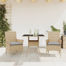 Set comedor jardín 3 pzas cojines ratán sintético vidrio beige en Conjuntos de jardín | Comprar online en Foru.es