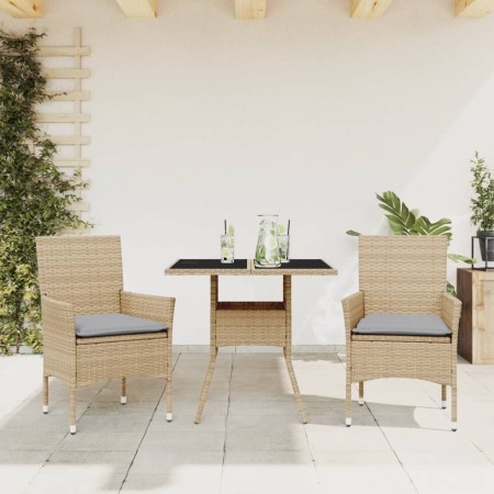 Set comedor jardín 3 pzas cojines ratán sintético vidrio beige en Conjuntos de jardín | Comprar online en Foru.es