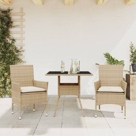 Set comedor jardín 3 pzas cojines ratán sintético vidrio beige en Conjuntos de jardín | Comprar online en Foru.es